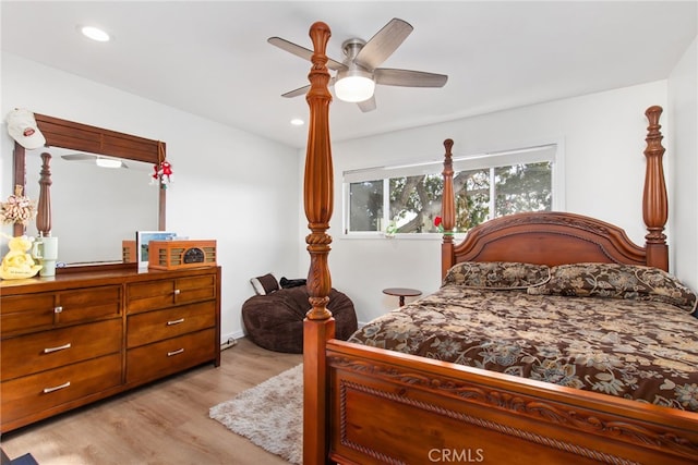 bedroom with recessed lighting, a ceiling fan, and light wood finished floors
