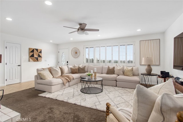 living area featuring recessed lighting, tile patterned flooring, and ceiling fan