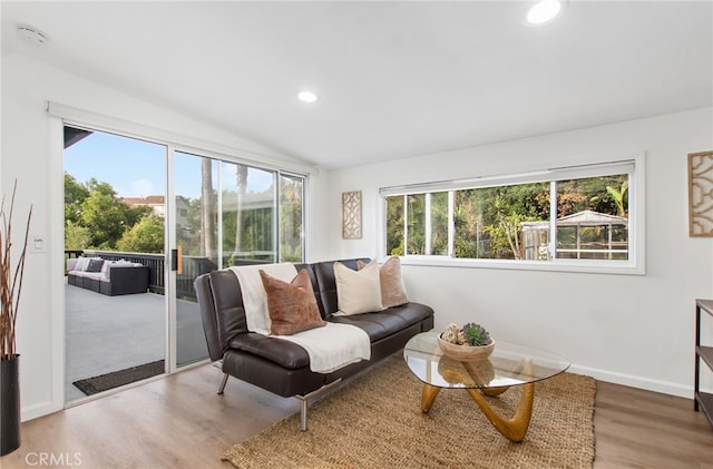 living area with lofted ceiling, wood finished floors, recessed lighting, and baseboards