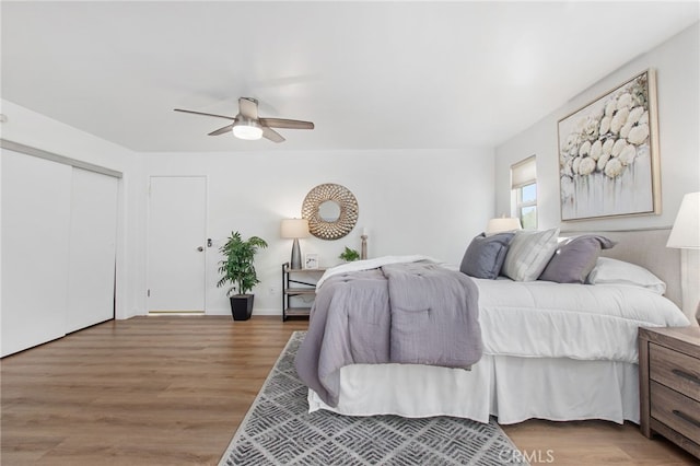 bedroom featuring wood finished floors, ceiling fan, and a closet