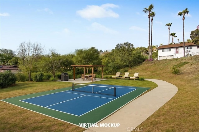 view of sport court with a lawn and a pergola