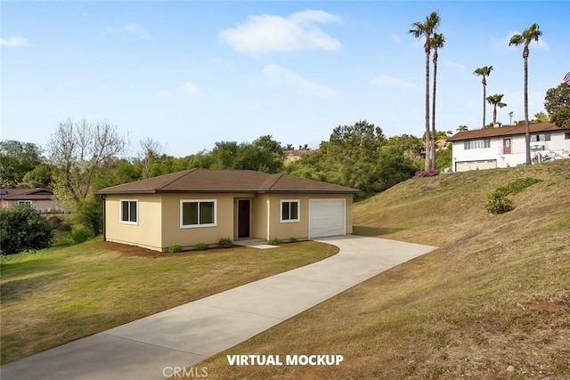 view of front facade with stucco siding, concrete driveway, a front lawn, and a garage
