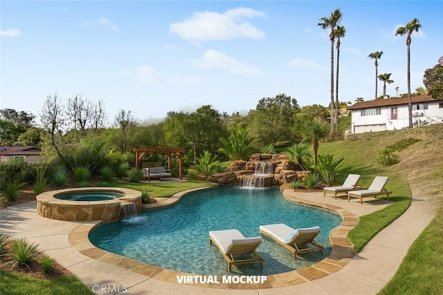 view of swimming pool with a pergola, a patio area, and a pool with connected hot tub