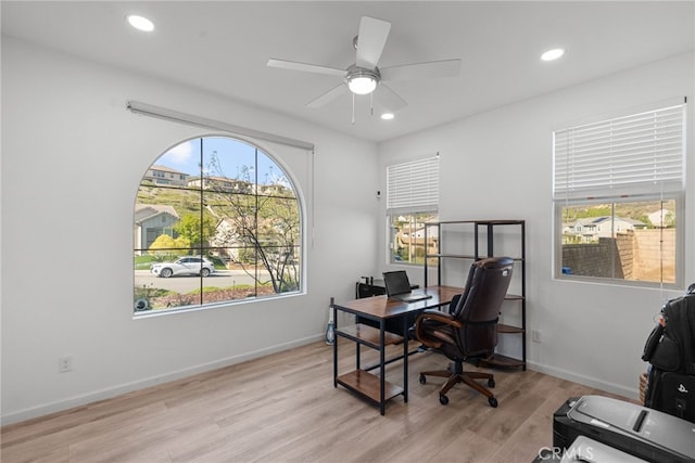 18797 Big Cedar Dr, Canyon Country, CA 91387 - home office with recessed lighting, a ceiling fan, baseboards, and light wood-type flooring