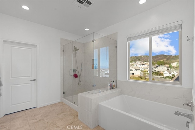 18797 Big Cedar Dr, Canyon Country, CA 91387 - bathroom with a shower stall, a garden tub, recessed lighting, and visible vents