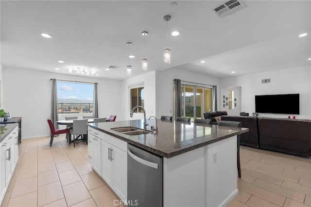 18797 Big Cedar Dr, Canyon Country, CA 91387 - kitchen featuring visible vents, dishwasher, recessed lighting, a sink, and light tile patterned floors