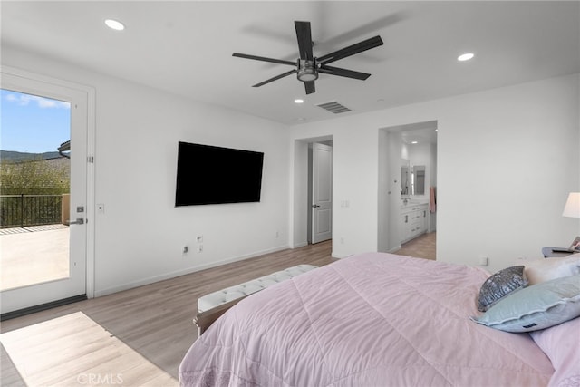 18797 Big Cedar Dr, Canyon Country, CA 91387 - bedroom featuring access to exterior, recessed lighting, wood finished floors, ensuite bathroom, and visible vents