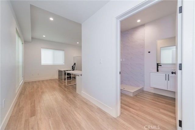 1444 W 37th St, Los Angeles, CA 90018 - corridor featuring baseboards, light wood finished floors, and recessed lighting
