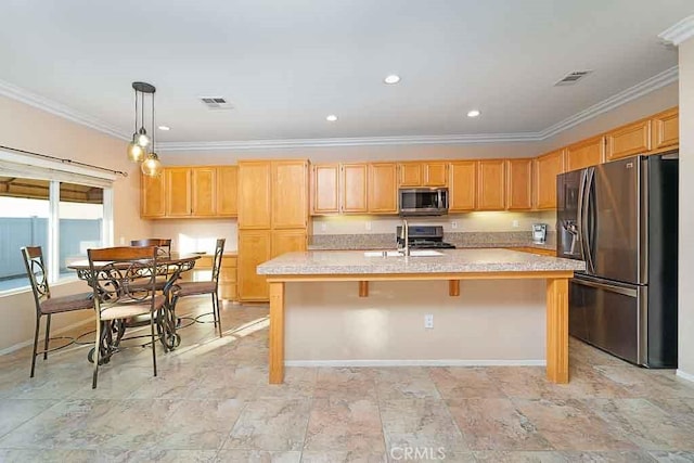 kitchen with visible vents, stainless steel appliances, light countertops, and ornamental molding