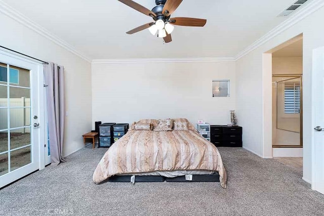 carpeted bedroom featuring visible vents, a ceiling fan, ornamental molding, and baseboards