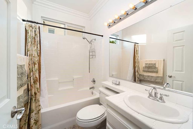 bathroom featuring vanity, shower / bath combination with curtain, a wealth of natural light, toilet, and ornamental molding