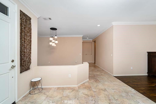 interior space featuring stone finish flooring, visible vents, baseboards, recessed lighting, and ornamental molding