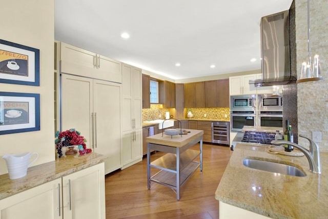 1710 Via Allondra, San Marcos, CA 92078 - kitchen with decorative backsplash, wine cooler, extractor fan, a sink, and appliances with stainless steel finishes