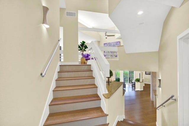 1710 Via Allondra, San Marcos, CA 92078 - stairs featuring a towering ceiling, visible vents, wood finished floors, baseboards, and recessed lighting