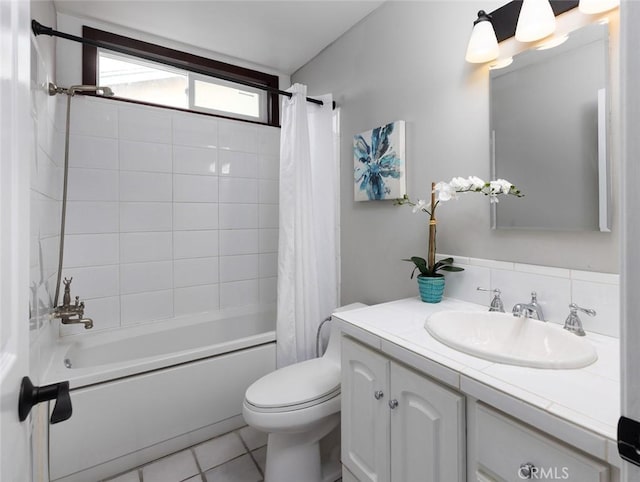 bathroom with toilet, shower / bathtub combination with curtain, tile patterned flooring, and vanity