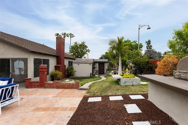 view of yard with a patio, an outbuilding, and a storage unit