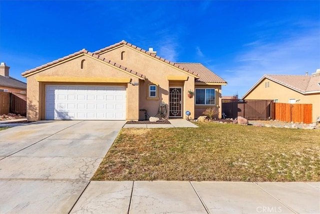 ranch-style house featuring stucco siding, a tiled roof, fence, a garage, and driveway