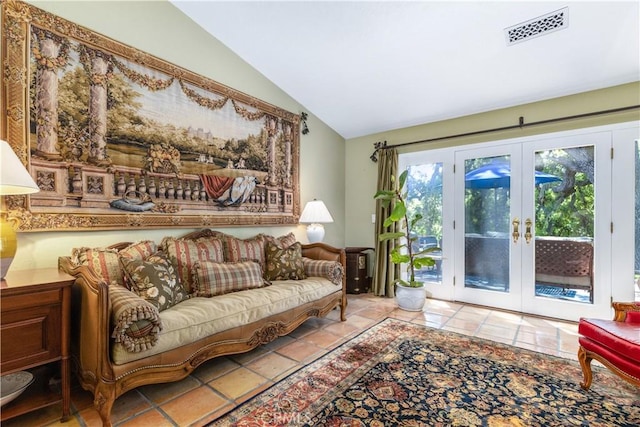 1015 Wild Oats Way, Templeton, CA 93465 - tiled living area featuring lofted ceiling, visible vents, and french doors