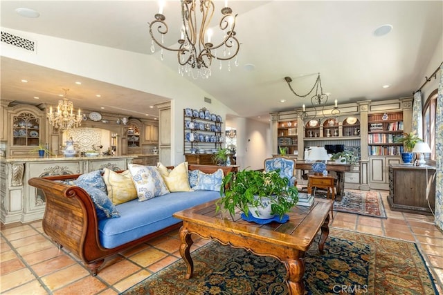 1015 Wild Oats Way, Templeton, CA 93465 - living room with a chandelier, recessed lighting, visible vents, and vaulted ceiling