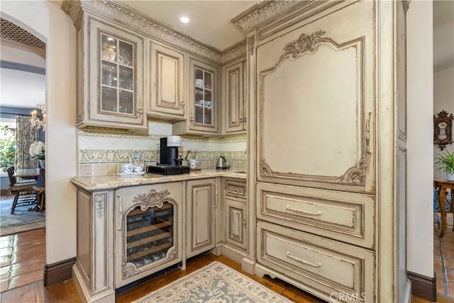 1015 Wild Oats Way, Templeton, CA 93465 - bar with beverage cooler, recessed lighting, dark wood-style floors, and backsplash