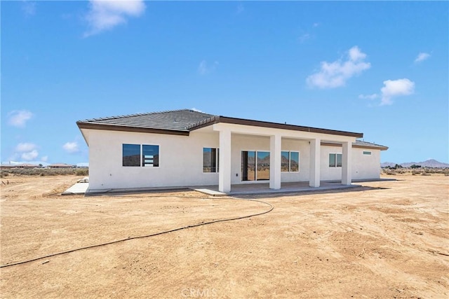 rear view of property with a patio, stucco siding, and a tiled roof