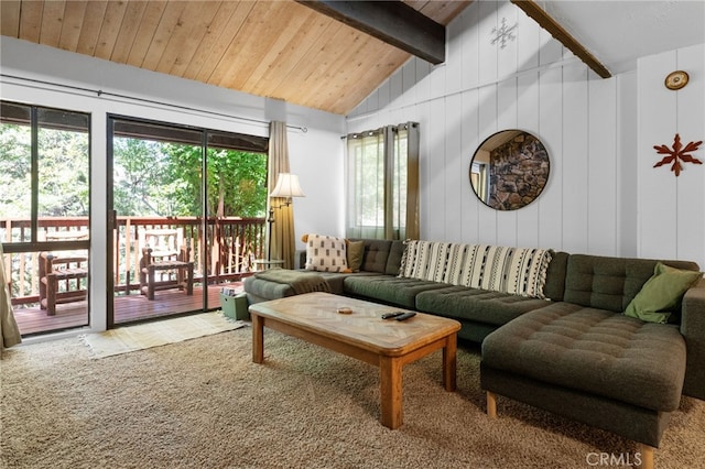 carpeted living area featuring wooden ceiling, vaulted ceiling with beams, and wood walls
