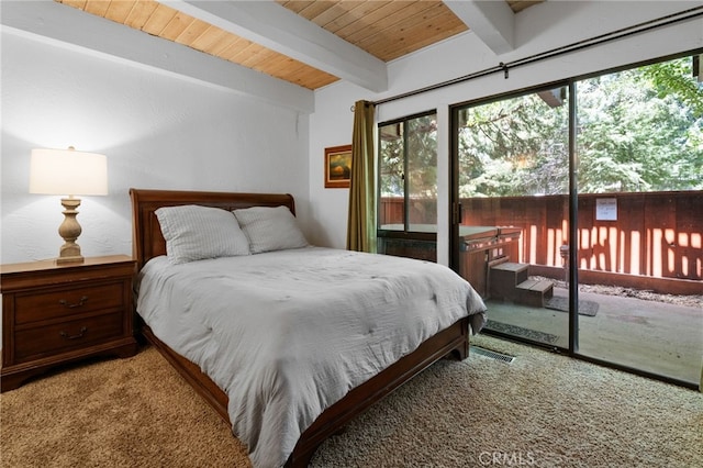 bedroom featuring beam ceiling, access to exterior, visible vents, carpet, and wood ceiling