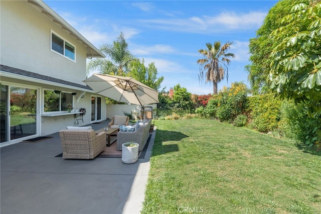 view of yard featuring a patio and an outdoor living space