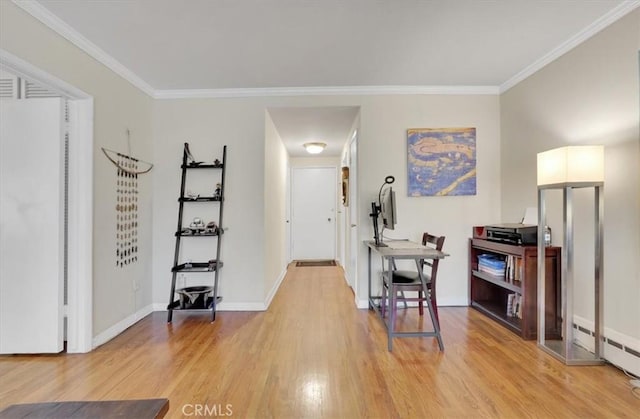 11767 W Sunset Blvd Unit 206, Los Angeles, CA 90049 - foyer featuring light wood-style flooring, a baseboard radiator, ornamental molding, and baseboards