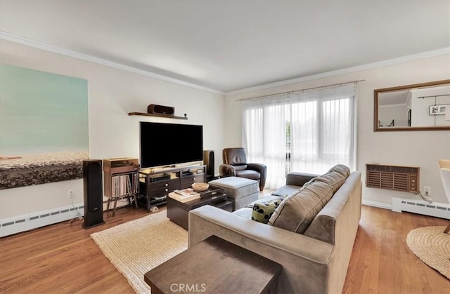 11767 W Sunset Blvd Unit 206, Los Angeles, CA 90049 - living room featuring a baseboard radiator, crown molding, and wood finished floors