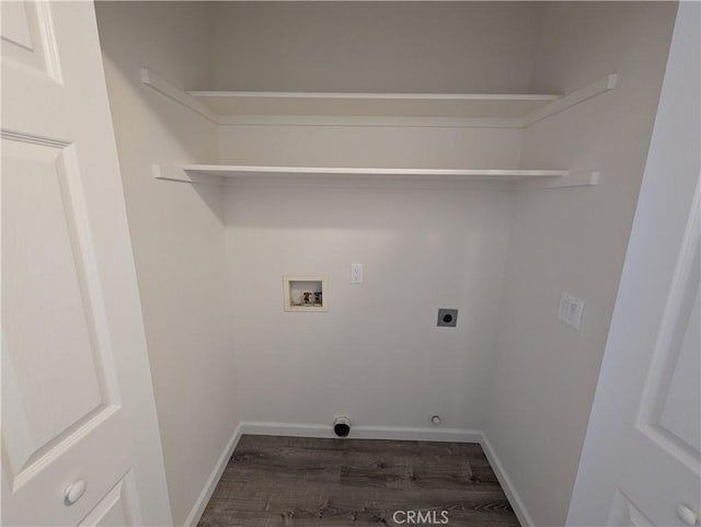 laundry area with hookup for an electric dryer, dark wood-style floors, baseboards, hookup for a washing machine, and laundry area