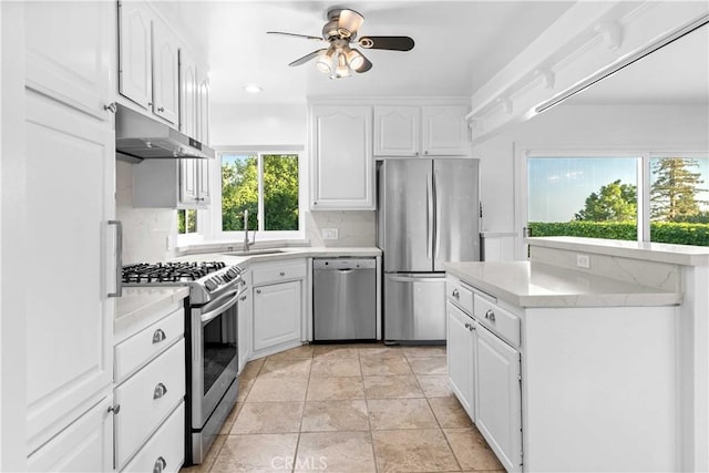 kitchen featuring a sink, appliances with stainless steel finishes, under cabinet range hood, and light countertops