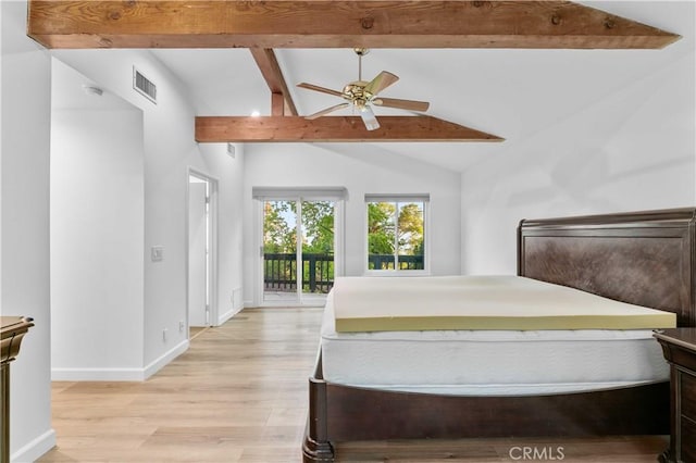 bedroom with vaulted ceiling with beams, access to exterior, light wood finished floors, baseboards, and visible vents
