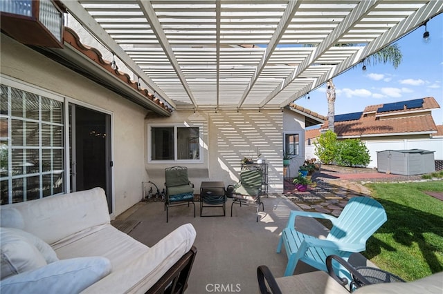 view of patio / terrace featuring an outdoor living space, a jacuzzi, and a pergola