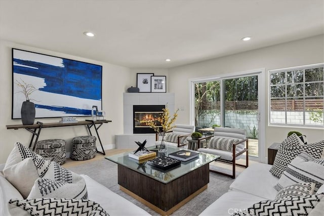 living room featuring recessed lighting, baseboards, wood finished floors, and a fireplace