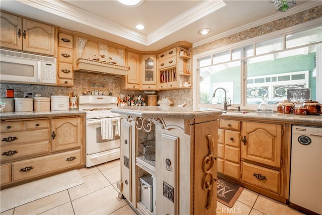 kitchen with white appliances, light tile patterned floors, ornamental molding, backsplash, and a sink