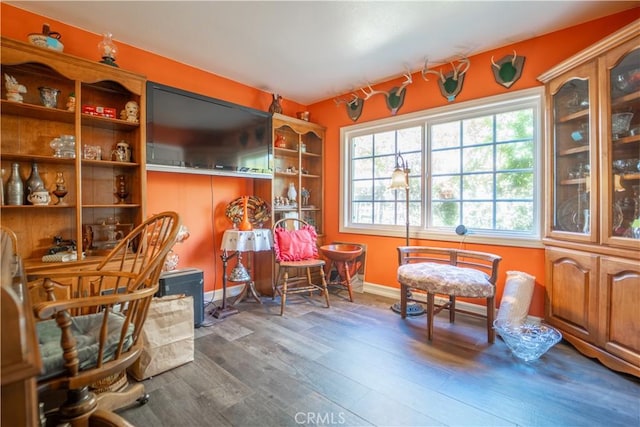 living area with baseboards and wood finished floors