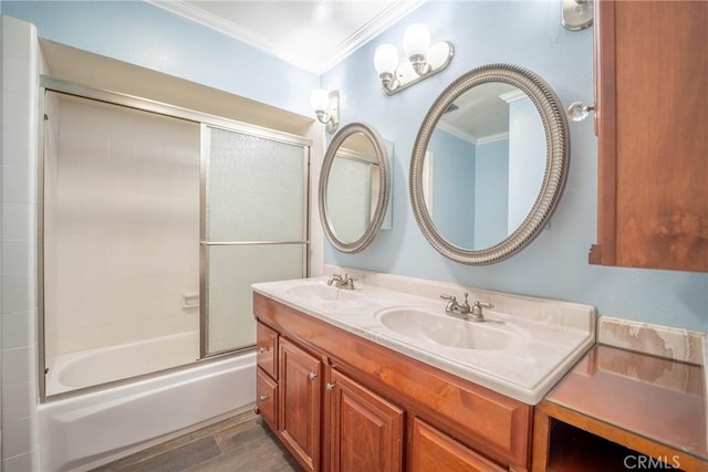24492 Spartan St, Mission Viejo, CA 92691 - bathroom with ornamental molding, double vanity, and combined bath / shower with glass door