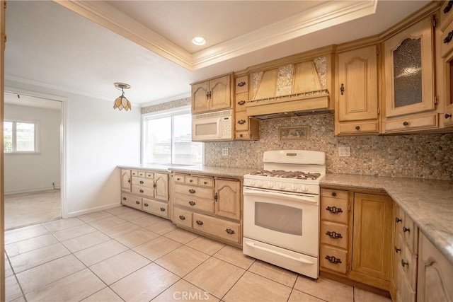 24492 Spartan St, Mission Viejo, CA 92691 - kitchen with white appliances, premium range hood, ornamental molding, light countertops, and backsplash