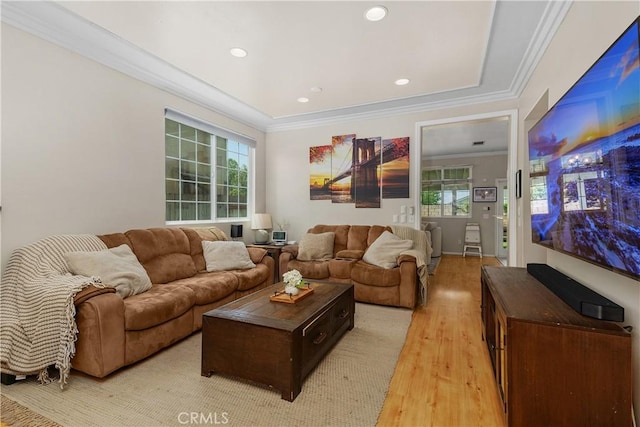2548 S Young Ct, San Bernardino, CA 92408 - living room with crown molding, recessed lighting, and light wood finished floors