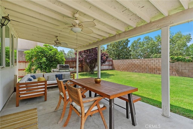 2548 S Young Ct, San Bernardino, CA 92408 - view of patio featuring a ceiling fan, outdoor dining area, an outdoor hangout area, a fenced backyard, and a grill