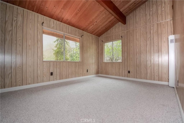 14109 Meadow Ln, Lytle Creek, CA 92358 - carpeted spare room with wood walls, vaulted ceiling with beams, and wooden ceiling
