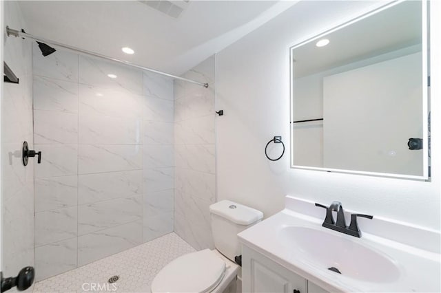 5652 La Mirada Ave, Los Angeles, CA 90038 - bathroom featuring a stall shower, toilet, vanity, and recessed lighting