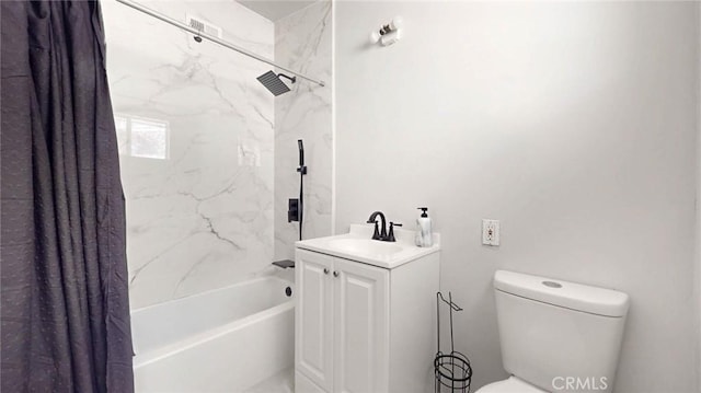 bathroom featuring shower / bathtub combination with curtain, toilet, and vanity