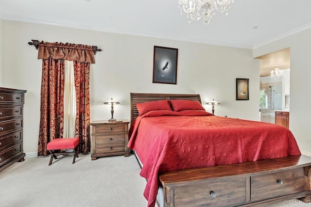 carpeted bedroom featuring connected bathroom, a chandelier, and ornamental molding