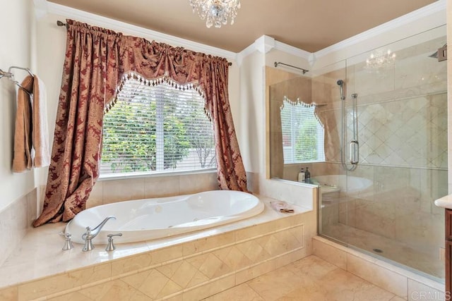 bathroom with a shower stall, a bath, and a wealth of natural light