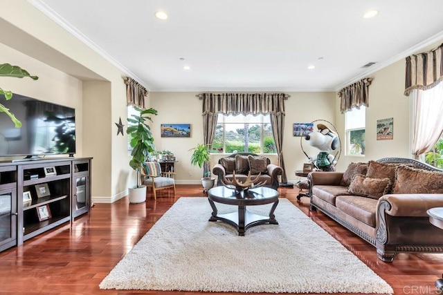 living room with visible vents, crown molding, baseboards, recessed lighting, and dark wood-type flooring