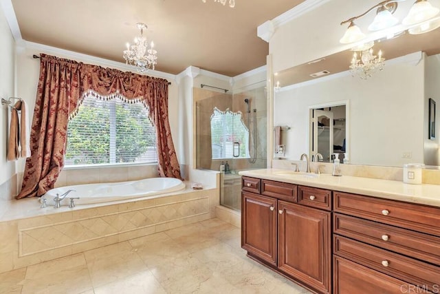 full bath featuring crown molding, a bath, a notable chandelier, and a shower stall