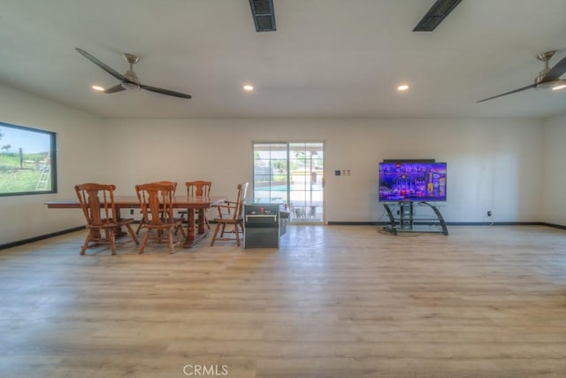 dining area featuring baseboards, recessed lighting, ceiling fan, and light wood-style floors