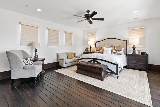 bedroom featuring baseboards, a ceiling fan, recessed lighting, and wood finished floors